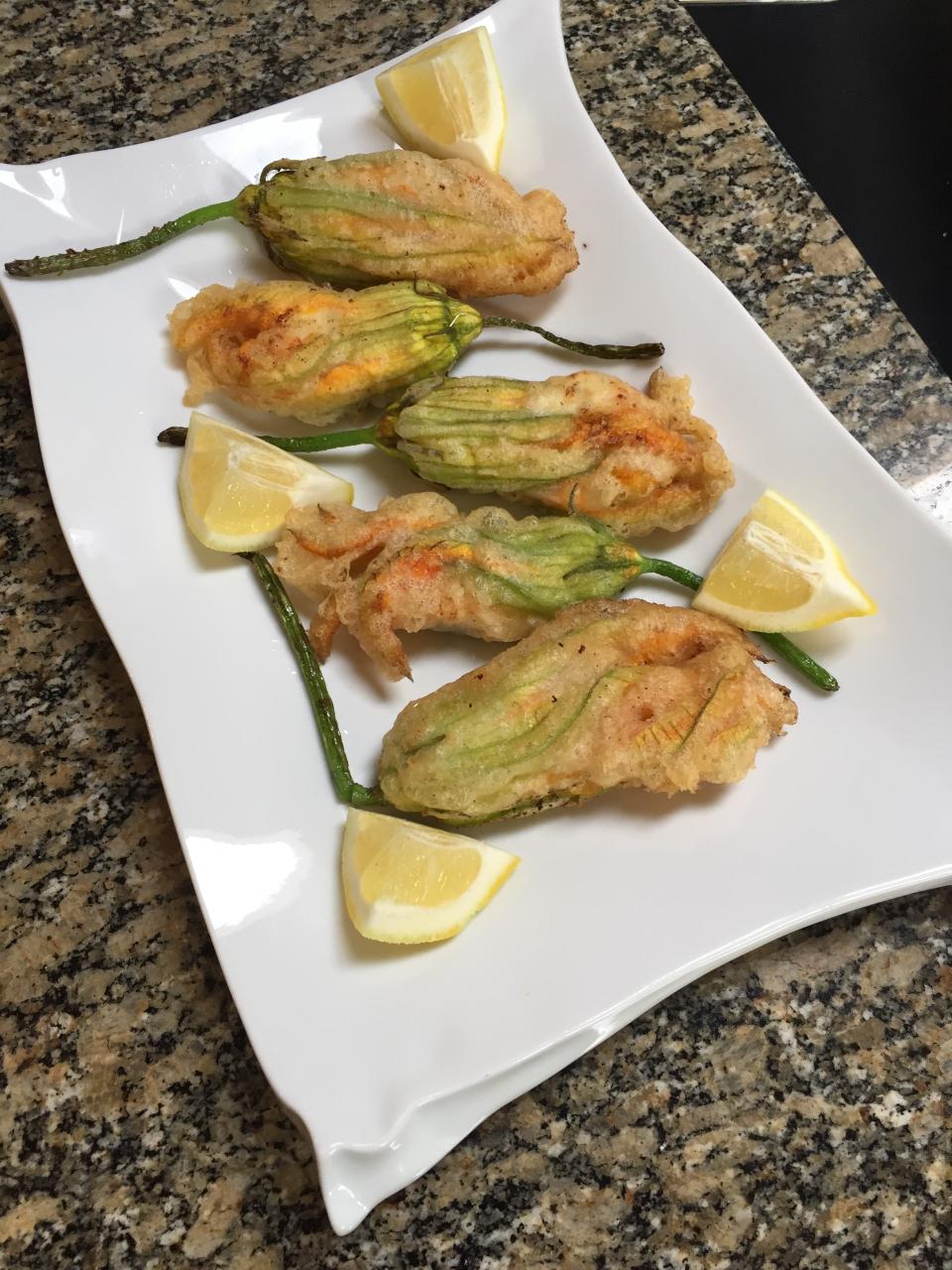 Pan Fried Zucchini Flowers Stuffed with Ricotta and Fresh Oregano