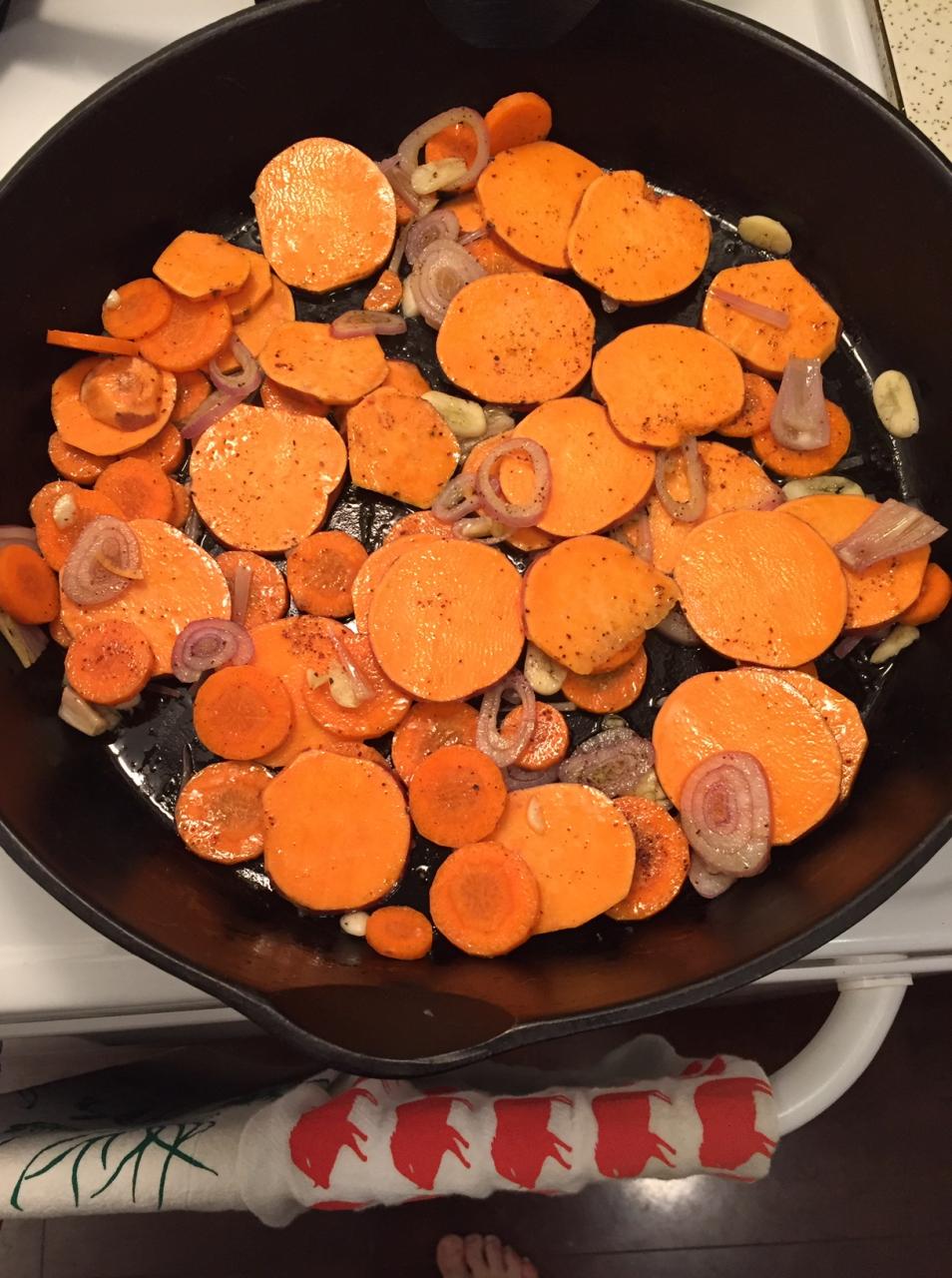 Roasted Sweet Potato with Carrots and Shallots
