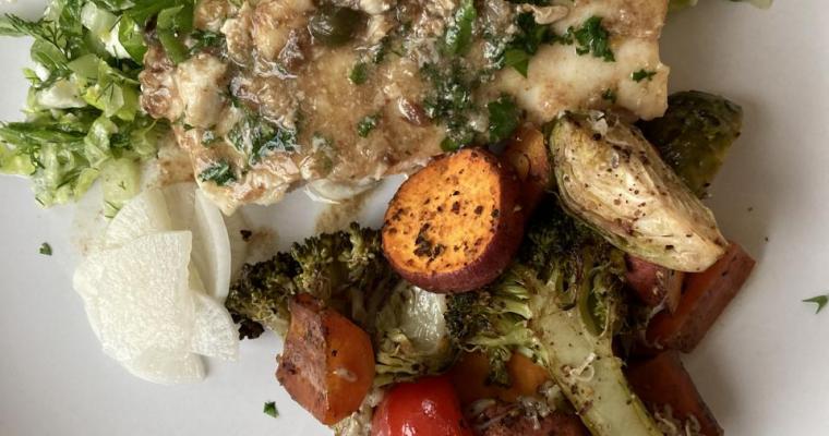 Halibut with caper, anchovy and miso sauce