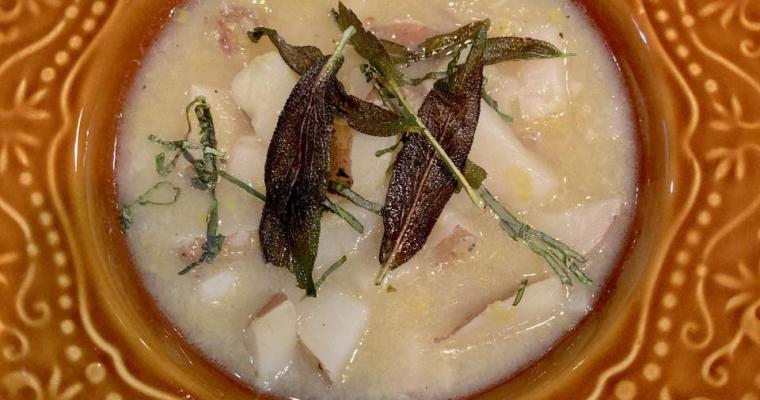 Leek and potato soup with sautéed sage leaves