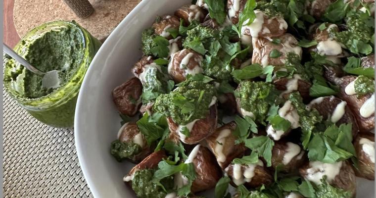Ottolenghi roasted potatoes with Green sauce and Tahini